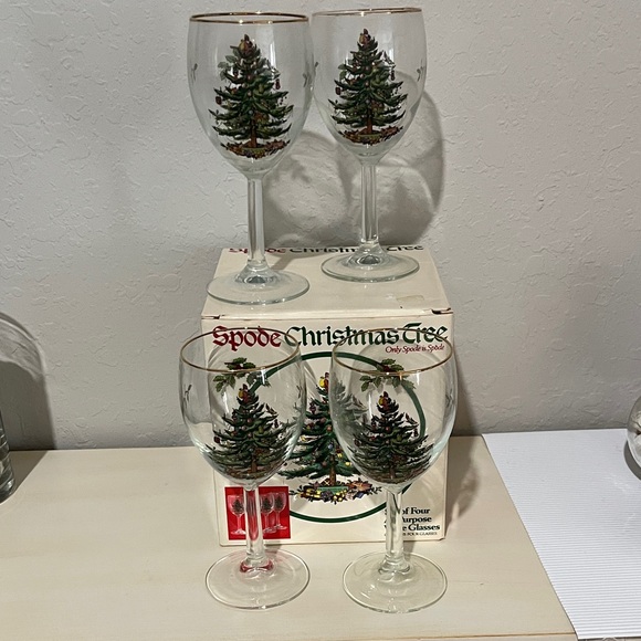 Spode Christmas Tree 12 Oz Wine Glass Set with Gold Rim VTG Original Box - Picture 1 of 8